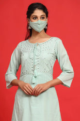 Sagegreen Cotton Mirror Work Layered Kurta Dress With Mask